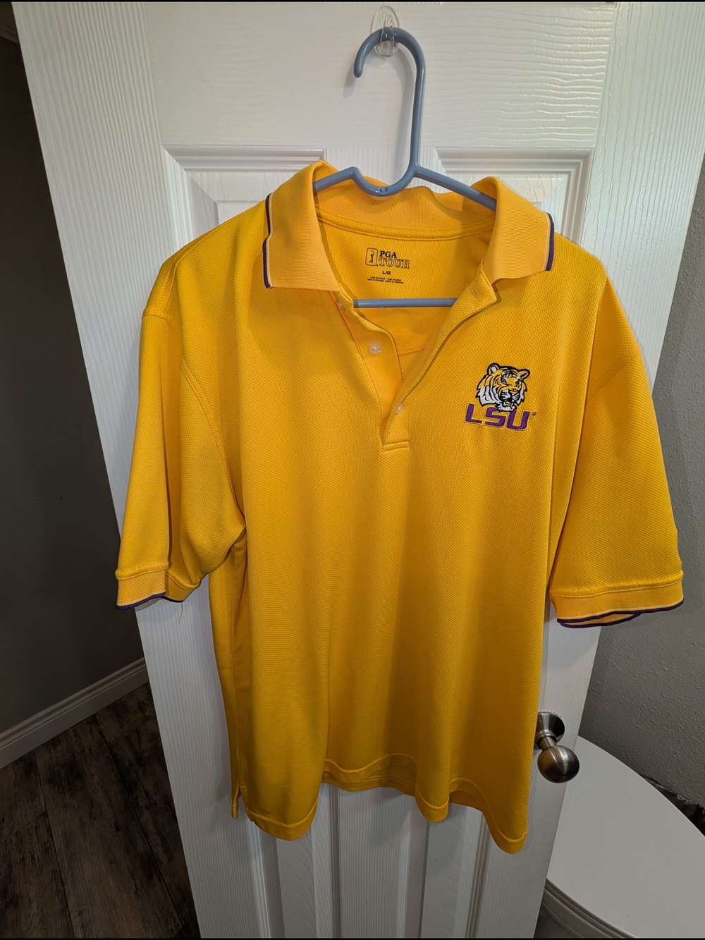 PGA Tour Gold LSU Tiger Golf Shirt Large Polo with Purple Trim